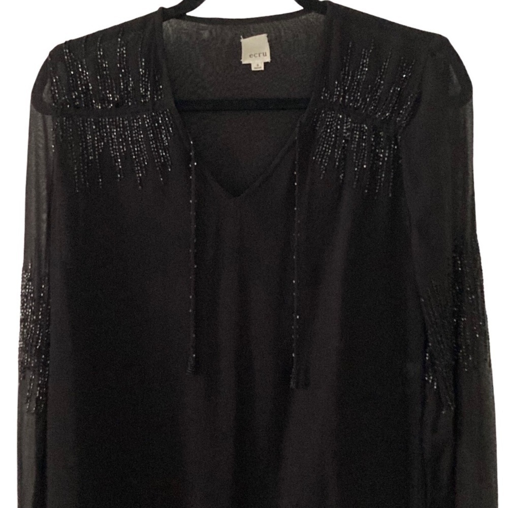 Ecru Black Tie Neck Beaded Blouse w/Sheer Sleeves